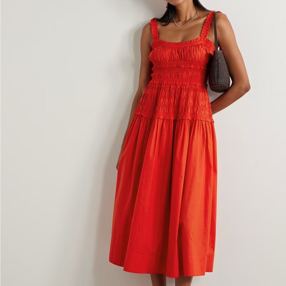 DÔEN Marianne shirred cotton-poplin midi dress (Size XS Red)